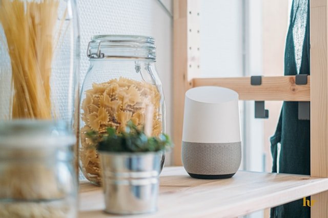 Google Home gadget on shelf