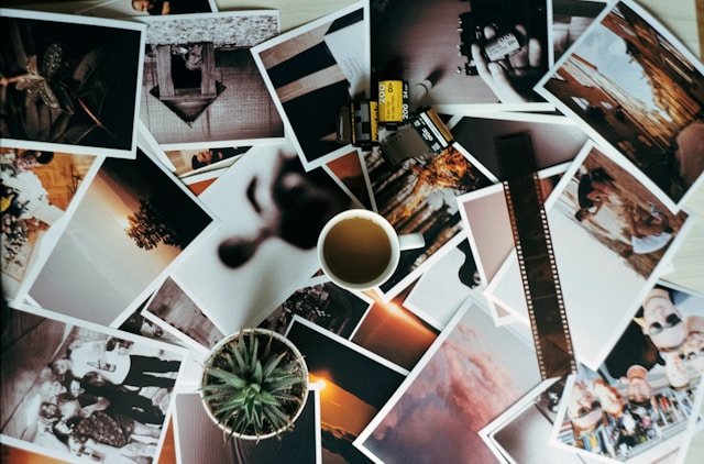 Old photos and photo film laid out